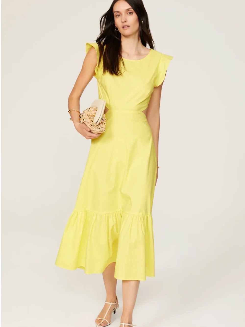 Marissa Webb Lemon Yellow Ruffle-Hem Midi Dress Open Tie Back (bin L)